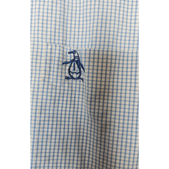 Original Penguin Mens Button Down Shirt XL Blue Gingham Logo Short Sleeve Cuffed - Picture 4 of 10